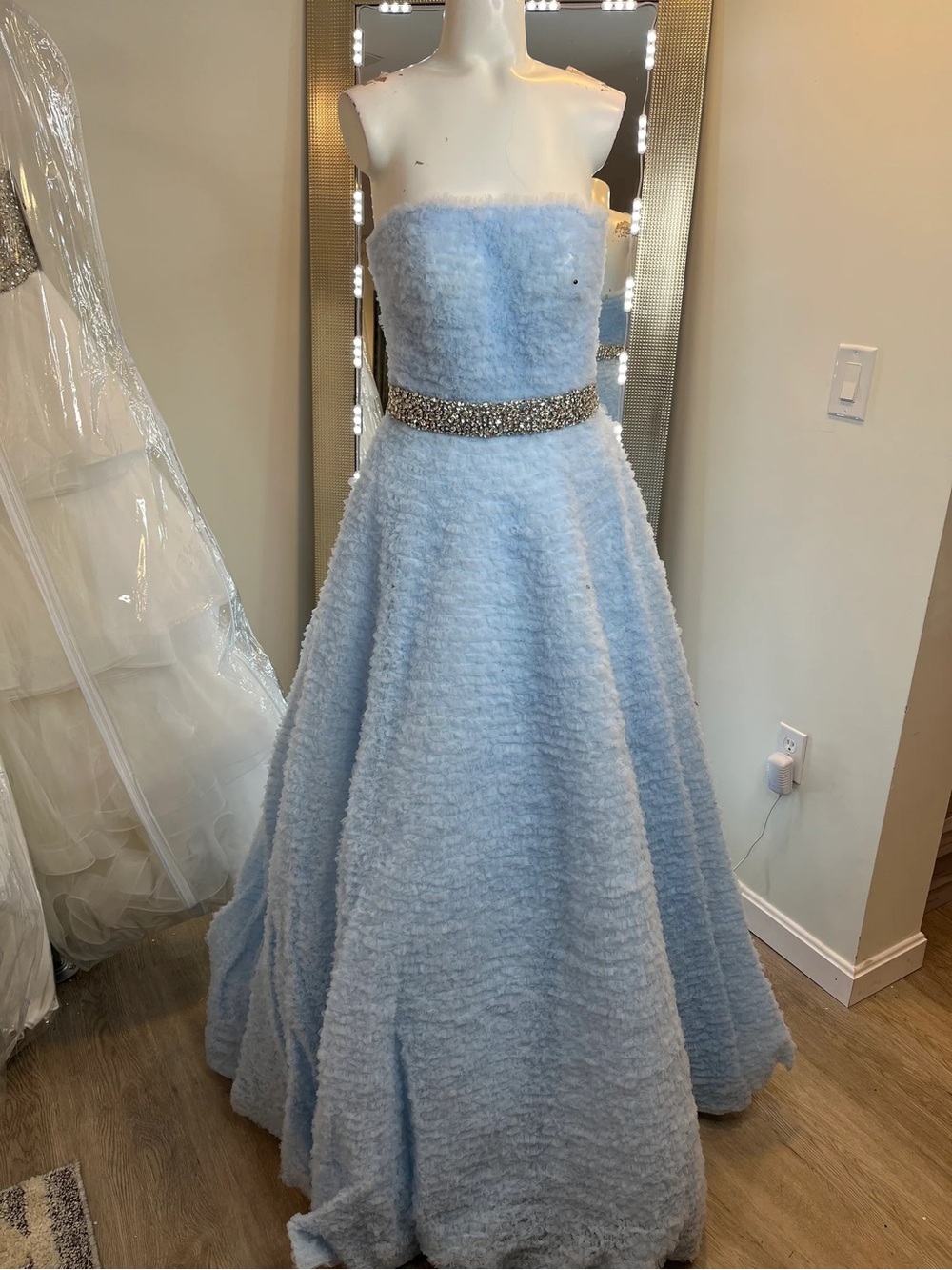 Strapless Light Blue Ball Gown with Beaded Waist - Picture 4 of 6
